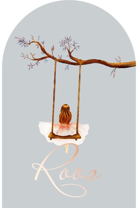 Luxe babykaartje in de vorm van een arch met meisje op schommel