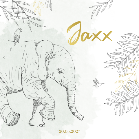 Goudfolie geboortekaartje met lijntekening van een olifant