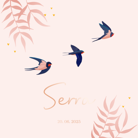 Lief botanisch geboortekaartje dochter zwaluwtjes en roségoudfolie