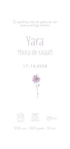 Lief geboortekaartje lila met watercolour bloemen