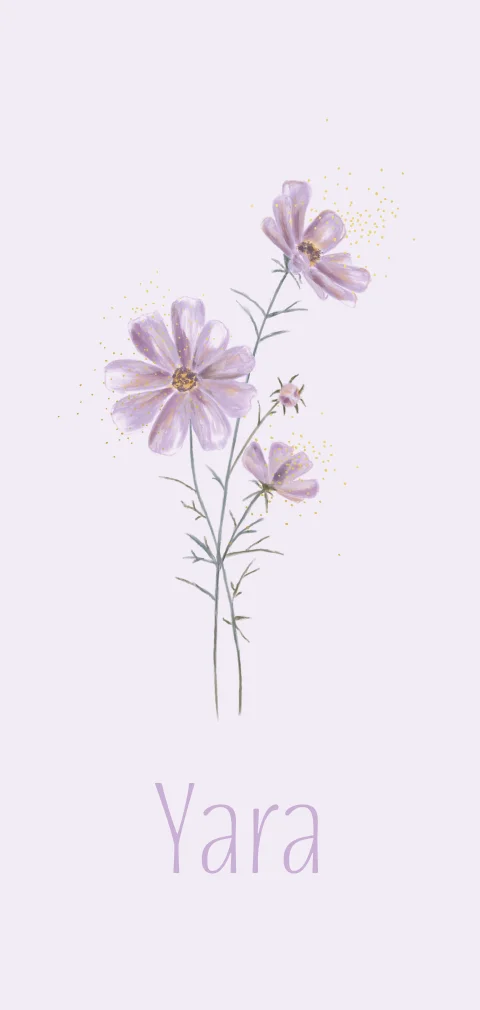 Lief geboortekaartje lila met watercolour bloemen