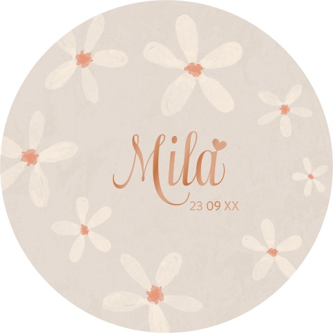 Rond hoogglans geboortekaartje met lichte bloemen