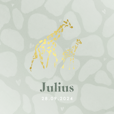 Trend geboortekaartje voor jongen met giraffen en goudfolie