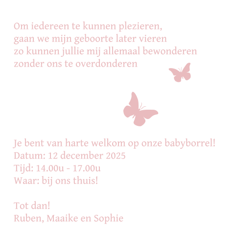 Lieve kraamfeest uitnodiging met silhouet en vlinders
