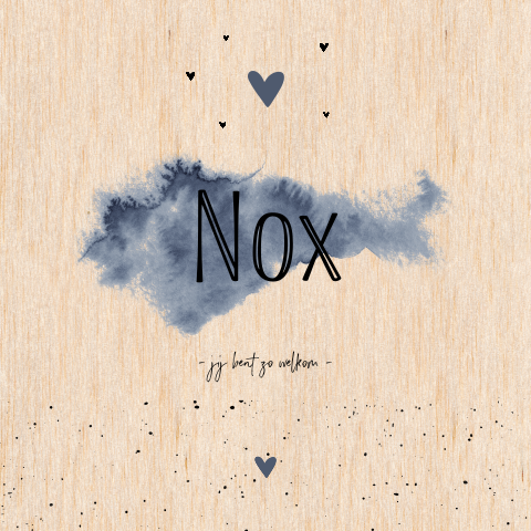 Echt houten geboortekaart voor zoon met blauwe waterverf spatten