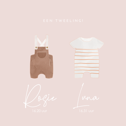 Geboortekaart voor meisjes tweeling met babykleertjes en roségoudfolie