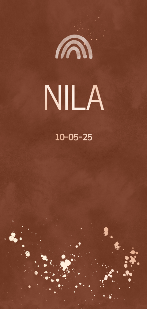 Roségoudfolie babykaartje met regenboogje en verfspatten op aquarel