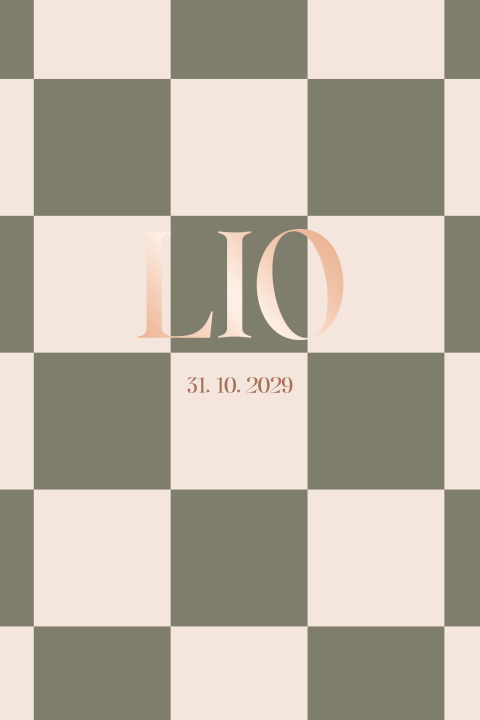 Stoer geboortekaartje met ruitjespatroon en roségoudfolie