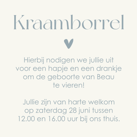 Beige uitnodiging babyborrel met blauw hartje 55 x 55 mm - per 9 stuks