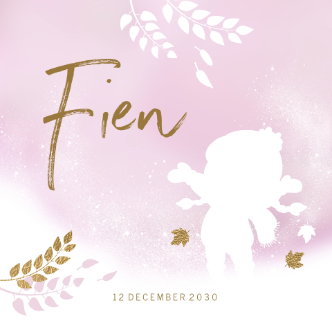 Watercolor geboortekaartje met roze silhouet van meisje in de sneeuw