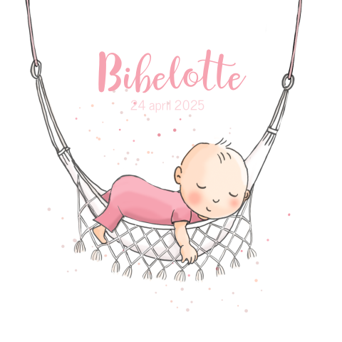 Hippe geboortekaart met tekening van meisje in hangmatje