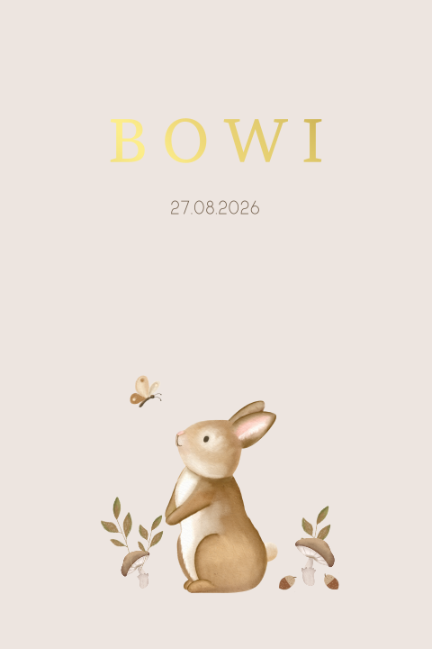 Goudfolie geboortekaartje neutraal met konijntje en ronde hoeken