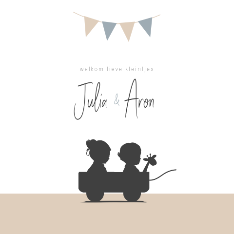 Lief geboortekaartje met silhouet van kindjes in karretje