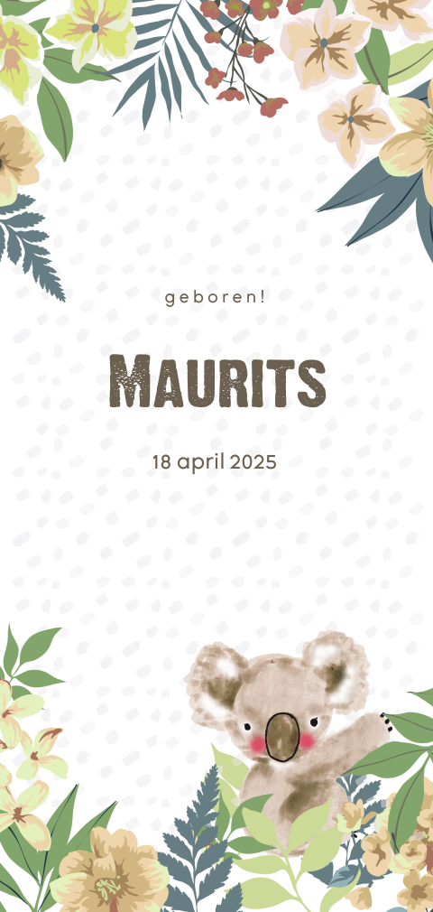 Botanisch geboortekaartje voor jongen met koala, bloemen en takjes