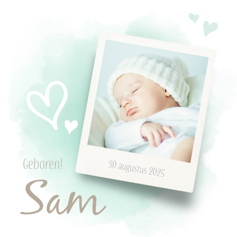 Hip geboortekaartje met mint watercolour en polaroid