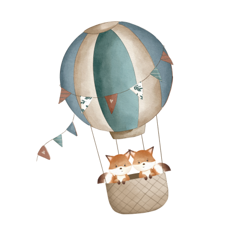 Sluitsticker blauw met tweeling vosjes in luchtballon
