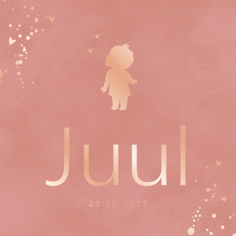 Velvet-look geboortekaartje met roségoudfolie en silhouetje