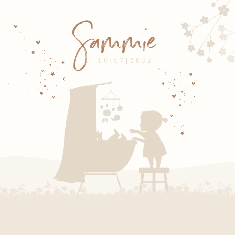 Geboortekaartje meisje in wiegje met zusje op kruk