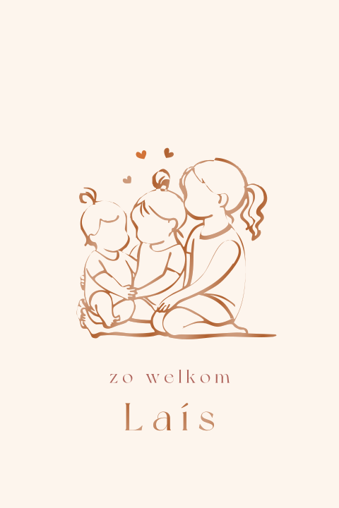 Lief geboortekaartje met lijntekening van drie zusjes in hoogglans