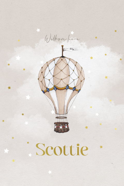 Luxe unisex geboortekaartje met watercolour, goudfolie en luchtballon