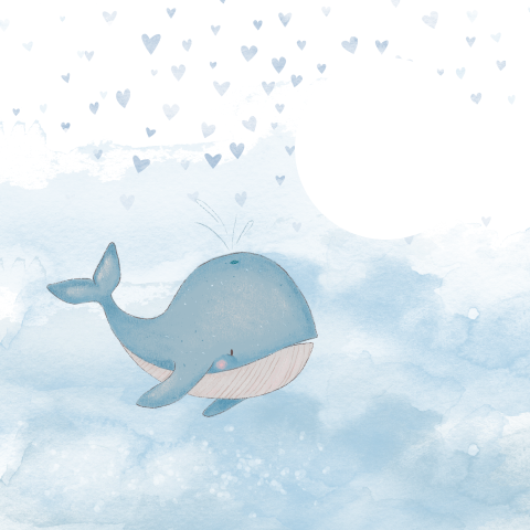 Lief geboortekaartje met watercolour, walvis, hartjes en doorkijkje