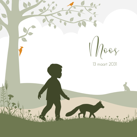 Avontuurlijk geboortekaartje met jongen en vosje in abstract landschap