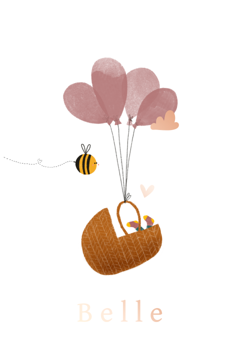 Lief geboortekaartje met roségoudfolie, mandje en ballonnen
