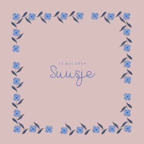 Lief geboortekaartje met blauwe watercolour bloemen