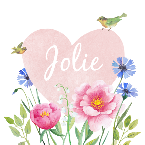 Romantisch geboortekaartje met hart, vogeltjes en bloemen