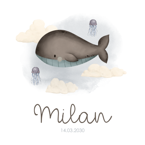 Lief geboortekaartje jongen met walvis en wolkjes