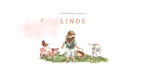 Lief hoogglans geboortekaartje met boerderijdieren voor een meisje