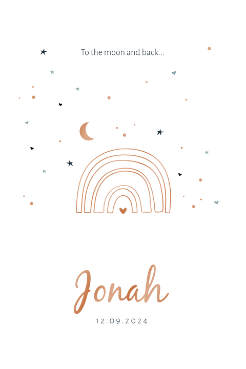 Trendy hoogglans geboortekaartje met regenboogje, maantje en sterren