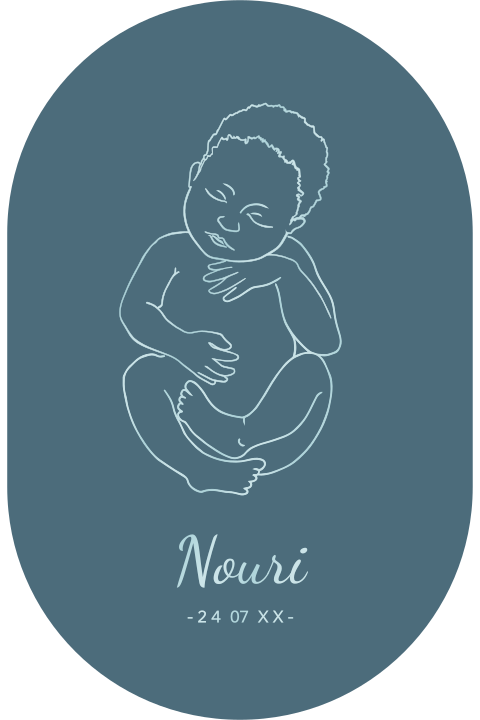 Origineel geboortekaartje blauw met hoogglans baby lijntekening