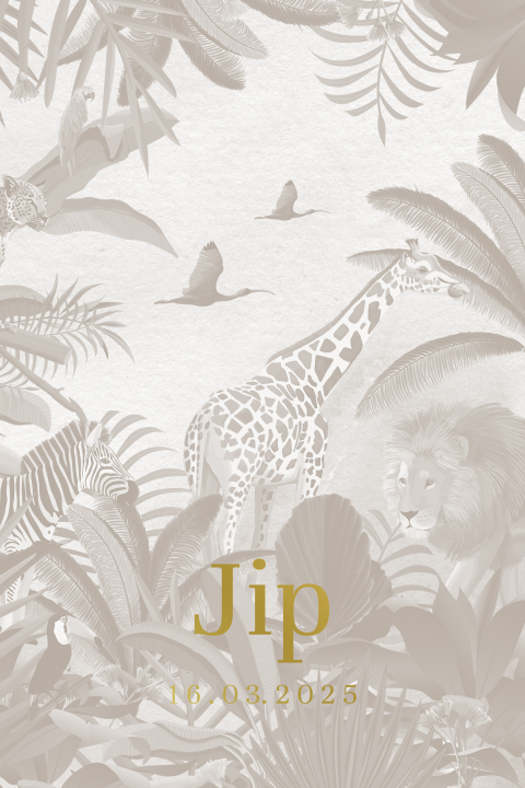 Grijs vintage geboortekaartje met jungledieren en goudfolie