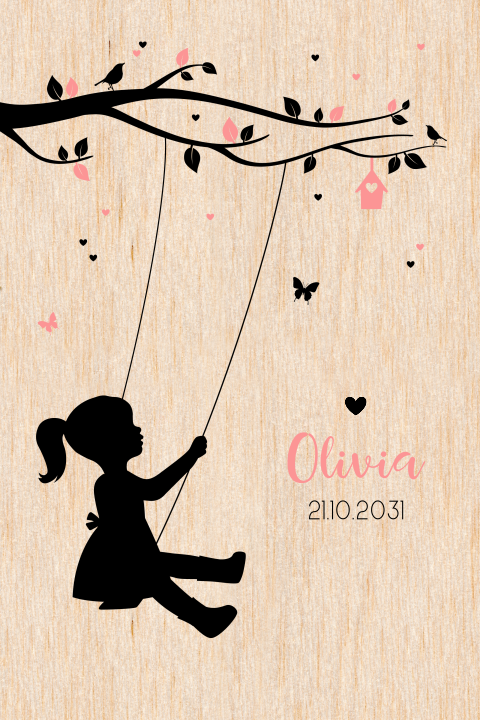 Echt houten staand geboortekaartje met silhouet meisje op schommel