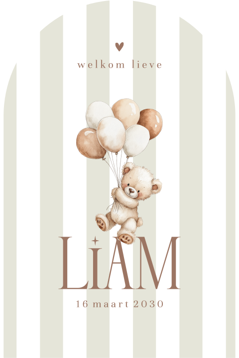 Streepjes-geboortekaartje met beertje en ballonnen in boogvorm