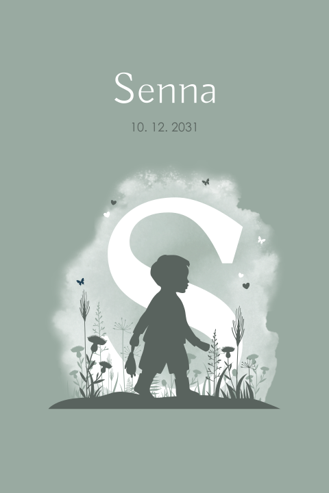 Groen watercolour geboortekaartje met silhouet van jongen en initiaal