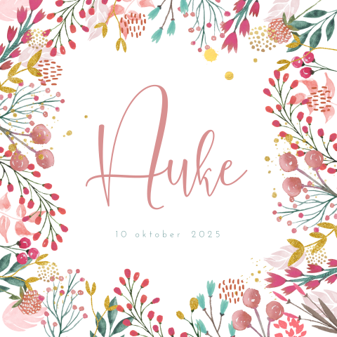 Kleurrijk geboortekaart voor meisje met bloemetjes en takjes