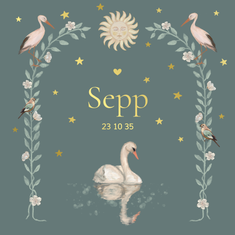 Geboortekaartje boho met zwaan, ooievaar en zon
