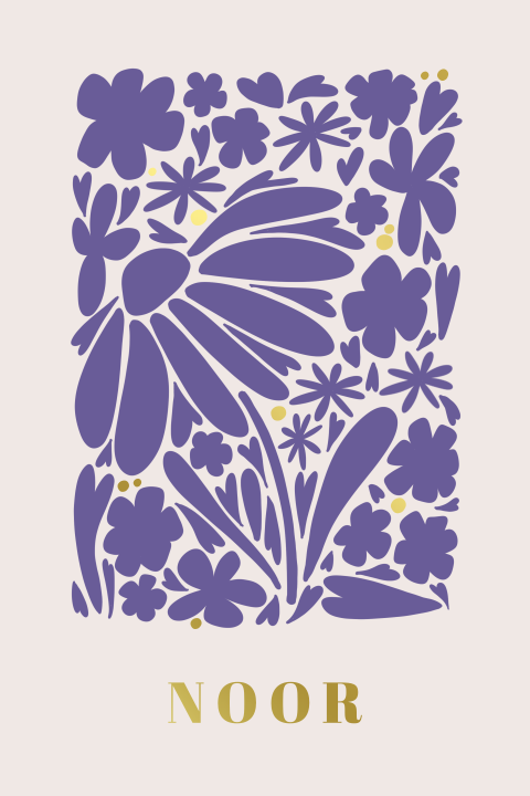 Kleurrijk geboortekaartje met paarse bloemenprint en goudfolie