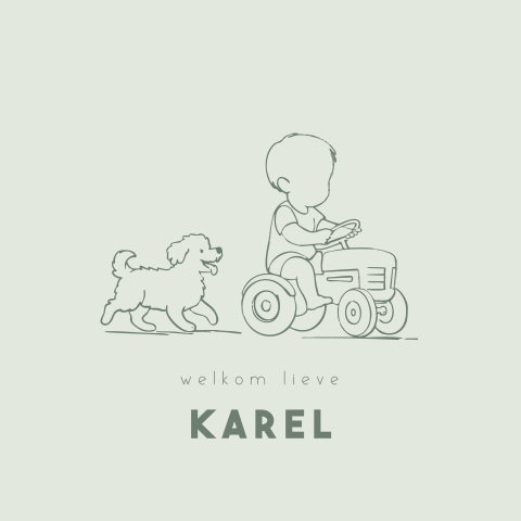 Geboortekaartje traktor hond labradoodle lijntekening silhouet