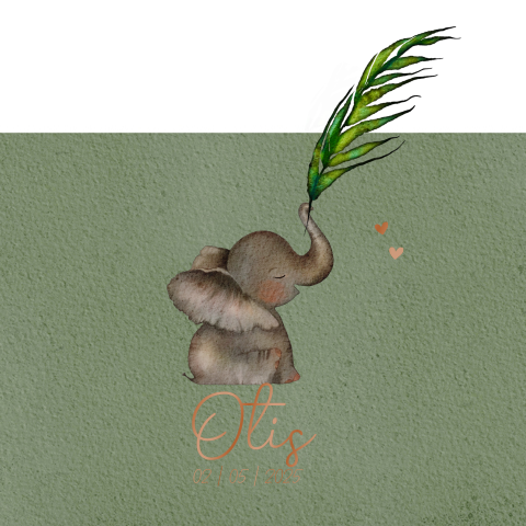Groen geboortekaartje met olifant en hoogglans voor een jongen