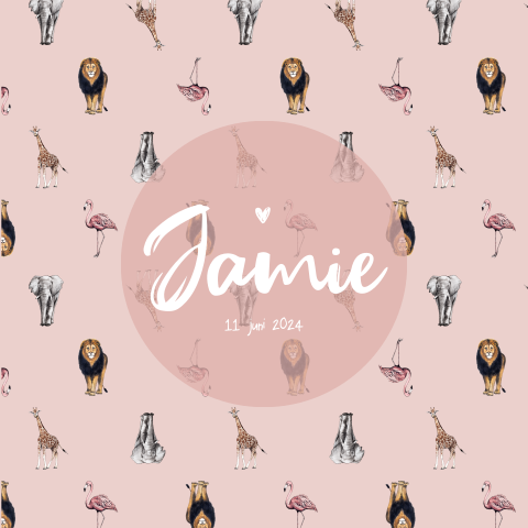 Avontuurlijk geboortekaartje met jungle dieren voor een meisje