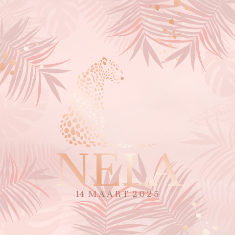 Trendy rosegoudfolie geboortekaartje met panter en bladeren