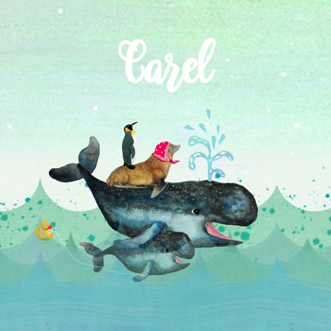 Hip geboortekaartje met walvissen in de zee