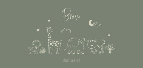 Getekend geboortekaartje met jungledieren voor een jongen