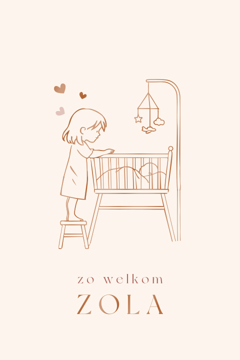 Lief geboortekaartje met lijntekening wiegje en grote zus