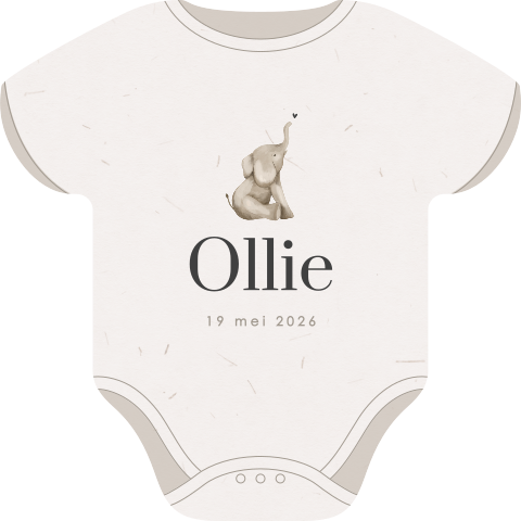 Uniek geboortekaartje met olifant in de vorm van een romper