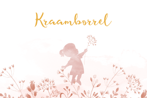 Roze uitnodiging kraamfeest met silhouet meisje tussen bloemen