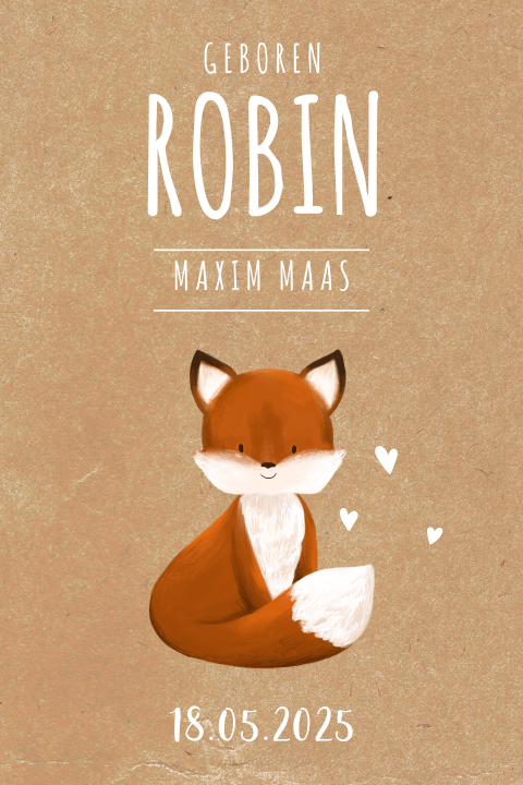 Stoer geboortekaartje met lief vosje op kraft-look papier